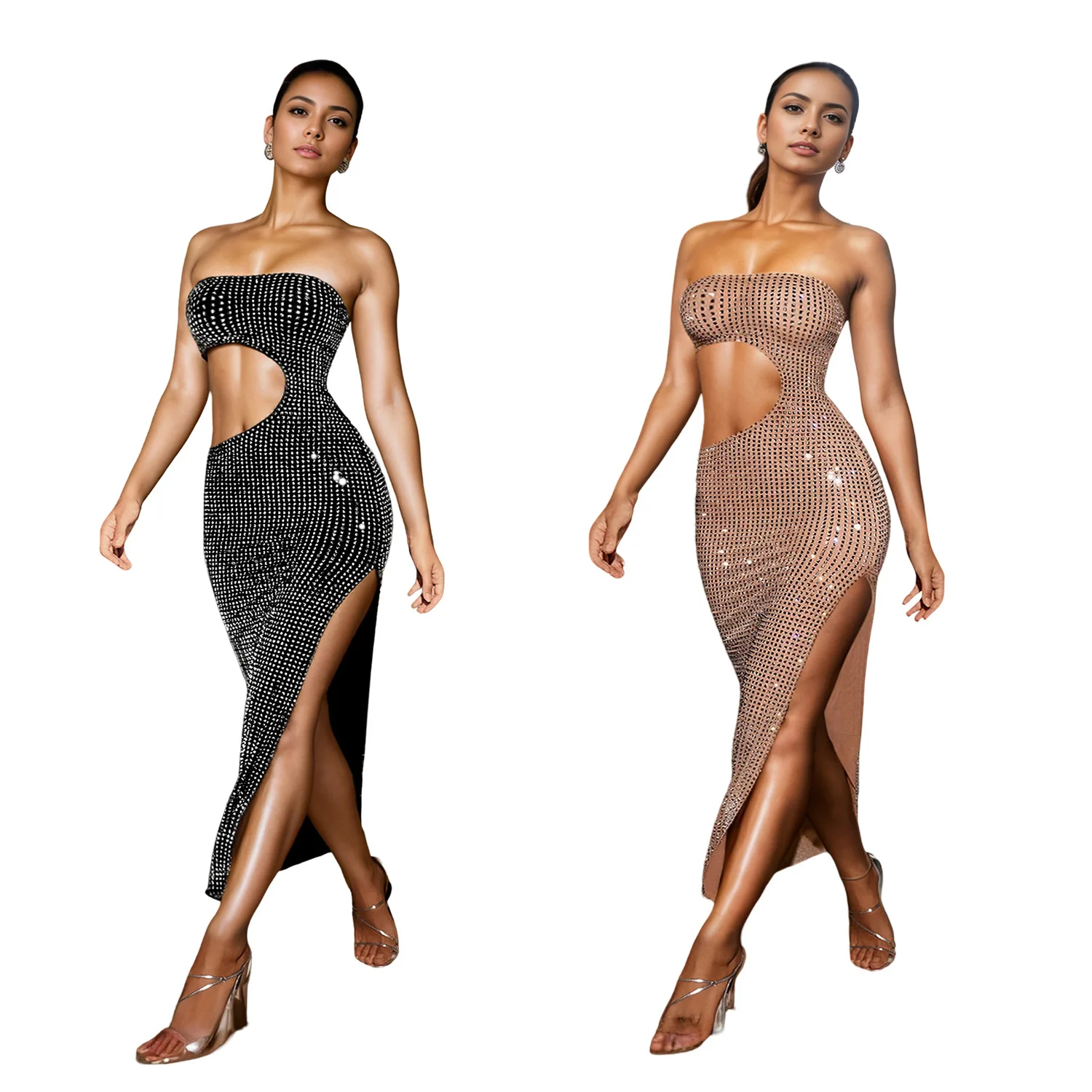 EINY Y2k Women's Off Shoulder Sparkle Cut-Out Rhinestones Long Dresses Glam High Slit Hollow Out Slim Crystal Night Out Dresses