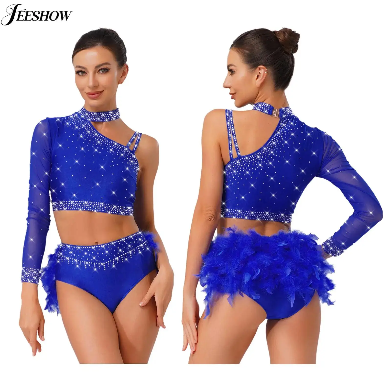 レディース シャイニー ラインストーン ラテンダンス衣装 ワンショルダー 長袖 クロップトップ フェザーブーティーショーツ付き チャチャタンゴダンスウェア