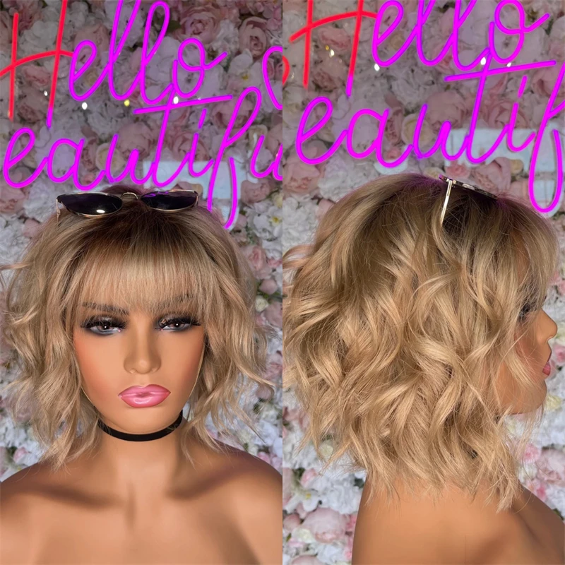 

Preplucked Hairline Ombre Creamy Blonde Highlights Synthetic HD Lace Front Wig with Dark Roots Short Wave Bob with Bangs Party