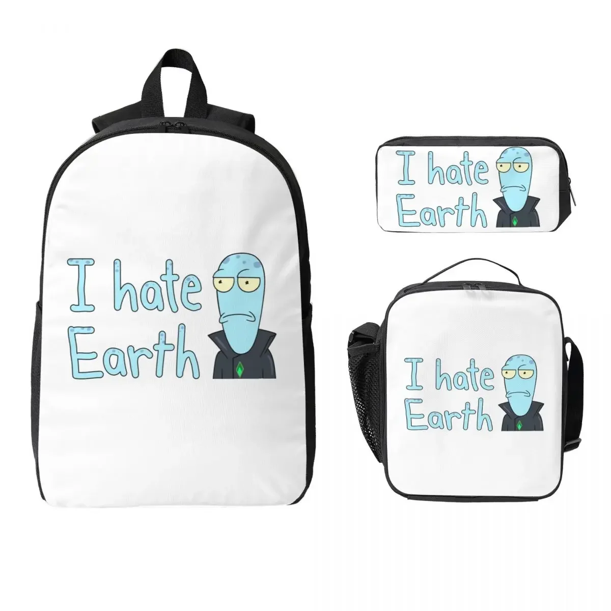 Korvo I Hate Earth Solar Opposites Cartoon Backpack BookBag School Bag  Shoulder Bags 3ps Insulated Lunch Bag Pencil Case