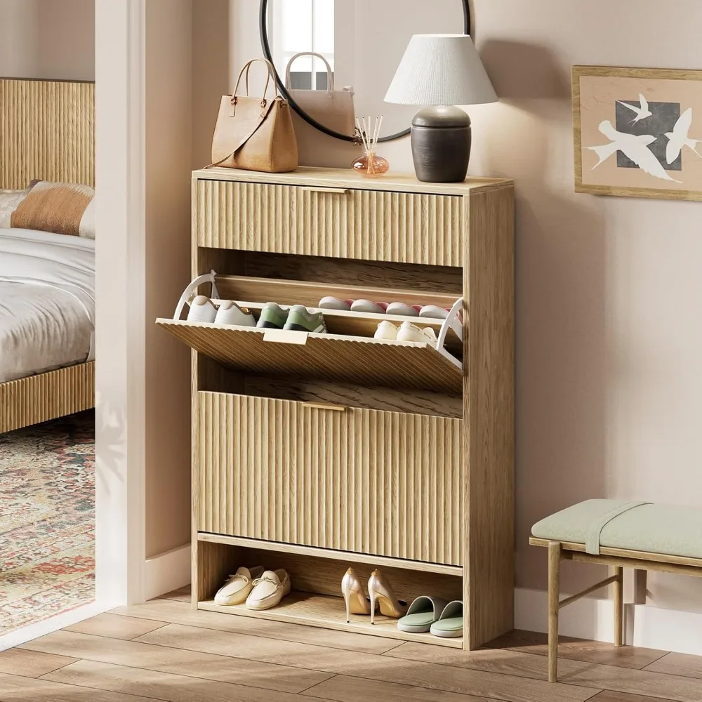 خزانة أحذية من خشب البلوط للمدخل مع درجين قابلين للطي، وخزانة أحذية بتصميم نحيف للمساحات الضيقة #5