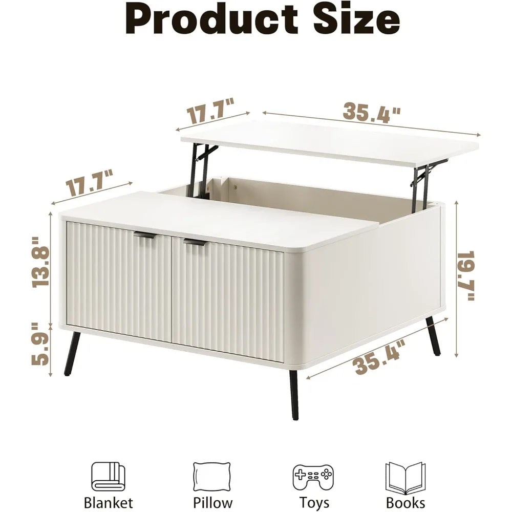 Salontafel, salontafel met hefblad voor woonkamer, vierkante salontafel van 35,4 inch met opbergruimte, moderne gecanneleerde middentafel