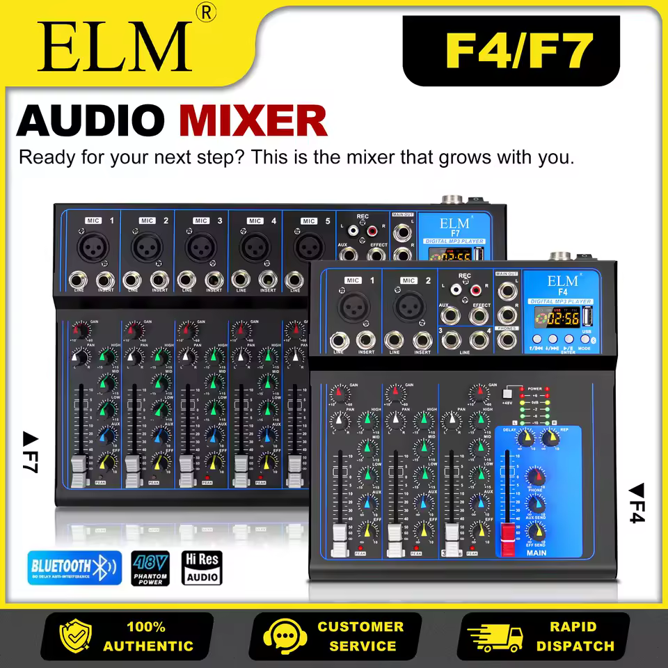 Mesa de Som Profissional ELM F4/F7 com Bluetooth, USB, EQ 3 Bandas e Phantom 48V para Podcast, Karaokê e Live