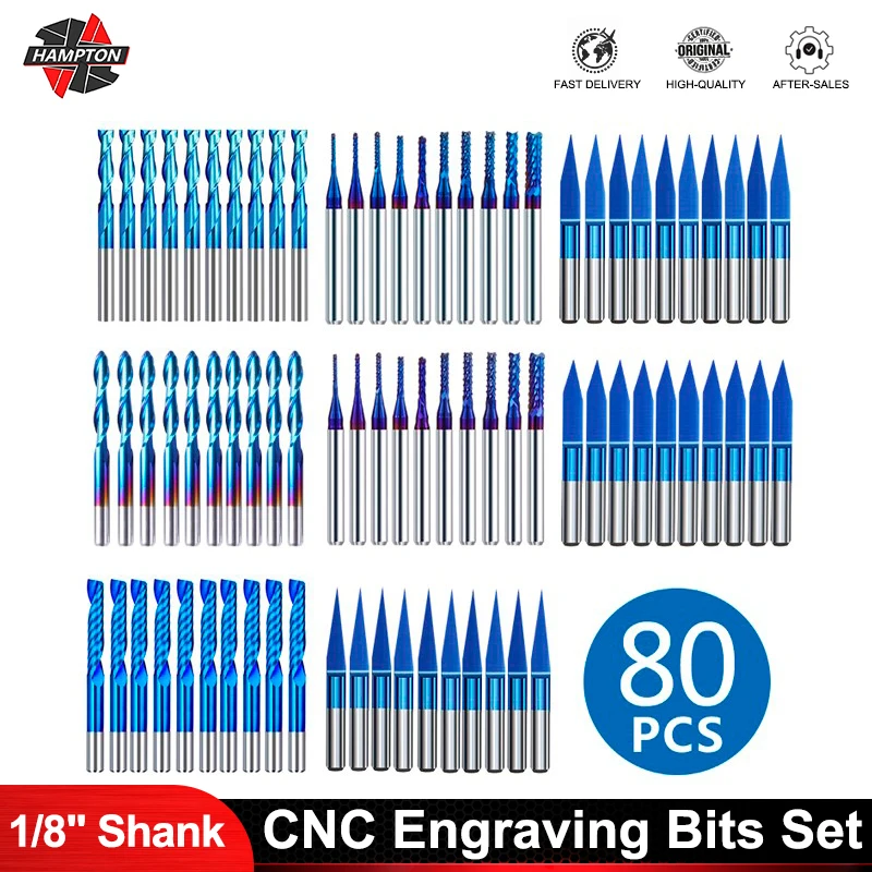 CNC Corn Router Bits 3.175mm Shank Milling Cutter Nano Blue Coated Carbide Engraving Cutter CNC Milling Tools 10/40/80pcs 