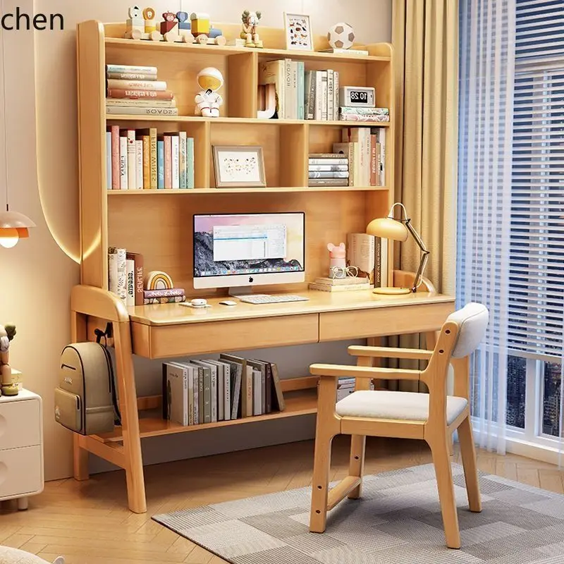 YFY  Solid Wood Desk Bookshelf Adjustable Integrated Bedroom Simple Home Use Primary and Secondary School Student Writing Desk