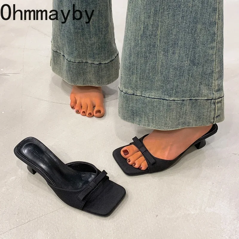 Summer Square Toe Fashion Leopard Women Slippers Concise Women's Butterfly-knot Vacation Shoes Elegant Low Heel Dress Slide view 4