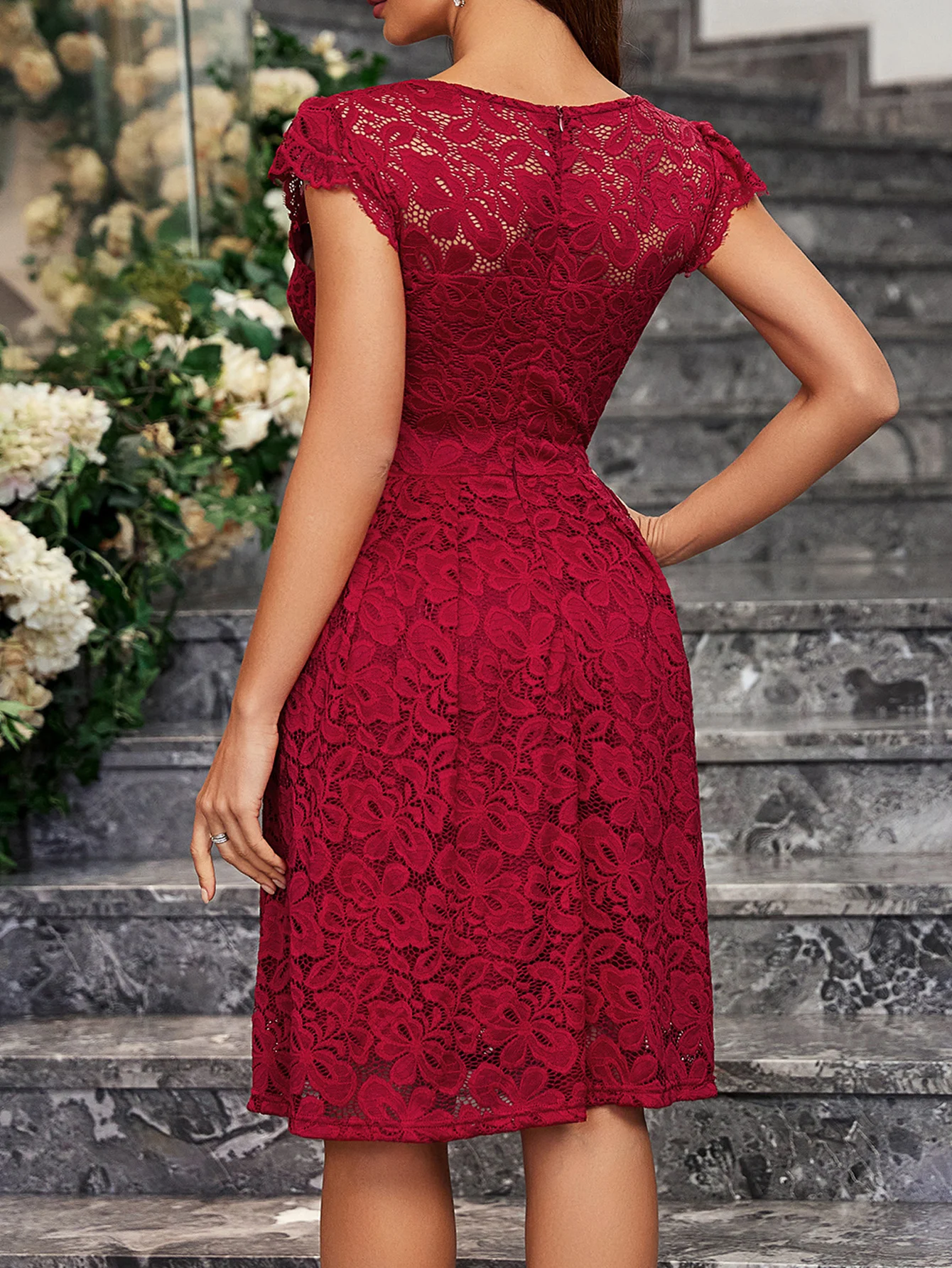 Robe de soirée en dentelle de demoiselle d'honneur A-Line pour femmes, col en V simple, rouge fibre, robe de Rhélégante, 2024