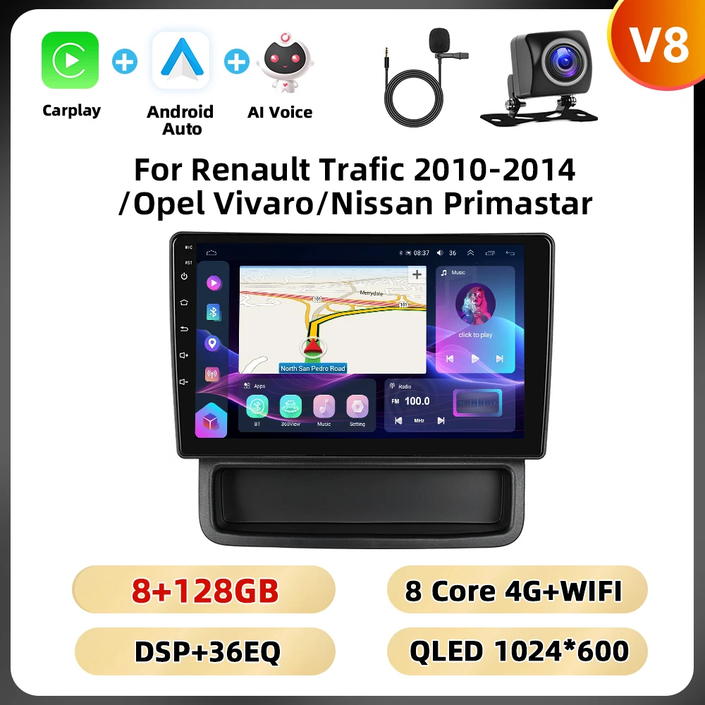 Podofo 10.1 ''8 Core Car Audio For Renault Trafic 2010-2014/Opel Vivaro/Nissan Primastar Carplay Android Auto Qualcomm DSP RDS - afbeelding 1