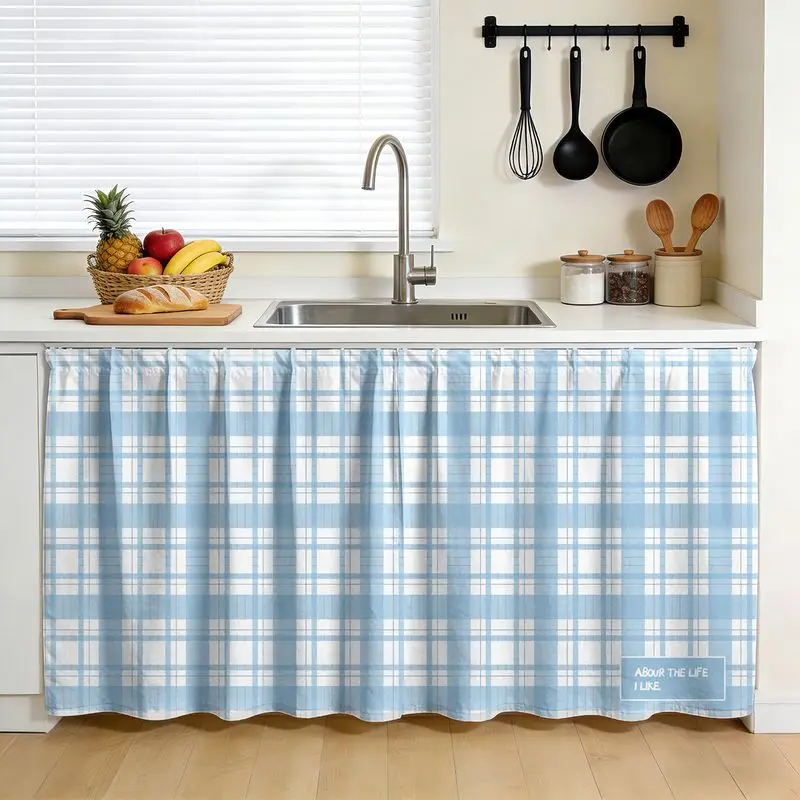 VIKAMA Blue White Plaid Under Sink Curtain Geometric Check Heart Print Cabinet Cover For Kitchen Cupboard Shelf Bedroom Decor