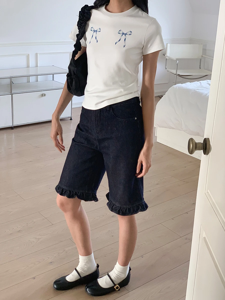 ReddaChic Summer Patchwork Ruffle Baggy Jeans Jorts Women Solid Frilly Washed High Waist Wide Leg Denim Shorts Korean Clothes