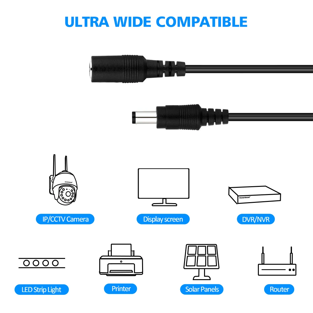 2M 6.56FT/ 5M 16.5FT / 10M 33FT DC Extension 5.5x2.1mm Power Cord Cable Extender For CCTV Security Camera 12 Volt Extension Cord