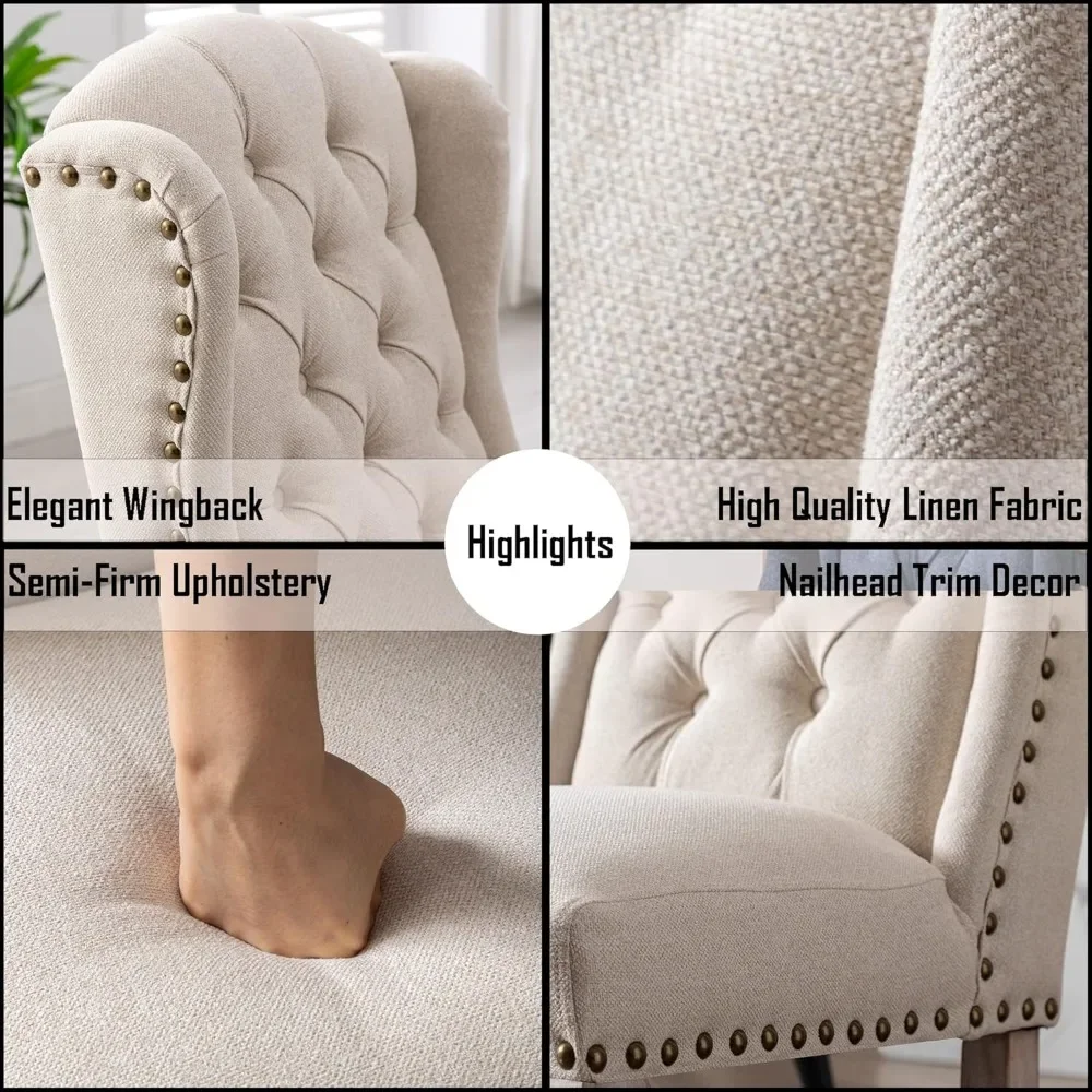 

Parsons Dining Chairs Set of 2 Farmhouse Solid Wood Accent Chairs Linen Fabric Host Side Kitchen Chair with Tufted Wingback