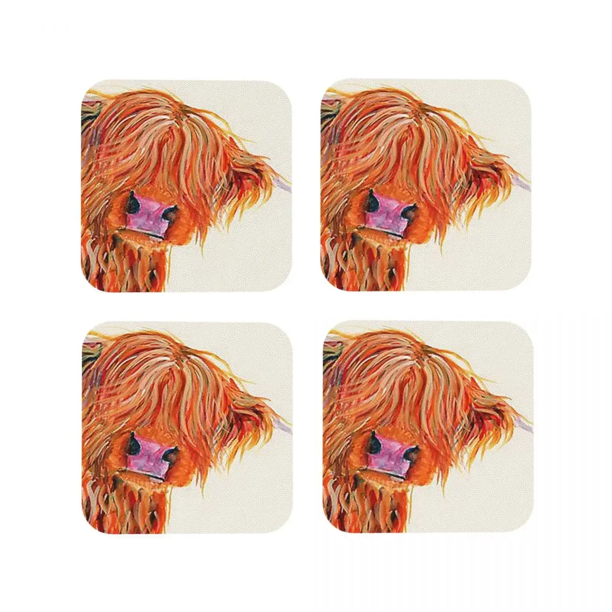 Highland Cow Coasters Kitchen Placemats Waterproof Insulation Cup Coffee Mats For Decor Home Tableware Pads Set of 4