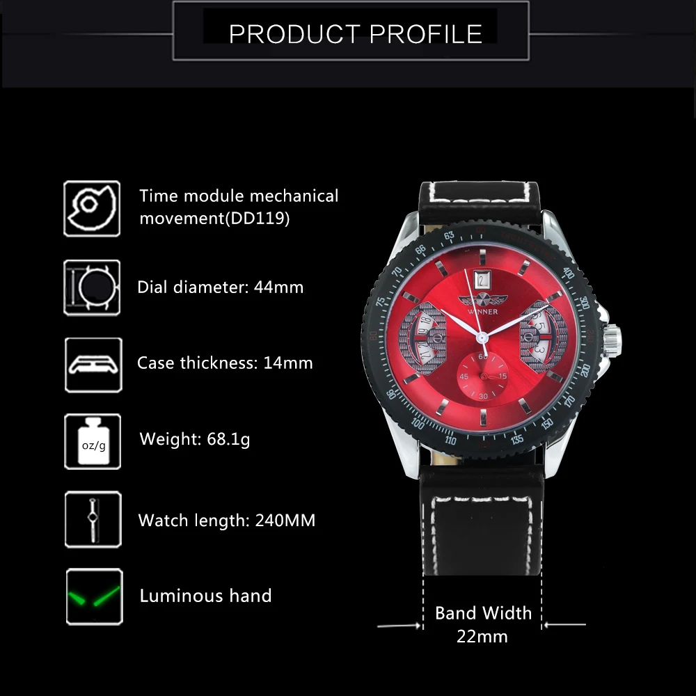 WINNER Sports Skeleton Mechanical Watches Red Multifunction Dial Date Display Casual Leather Strap Military Automatic Mens Watch