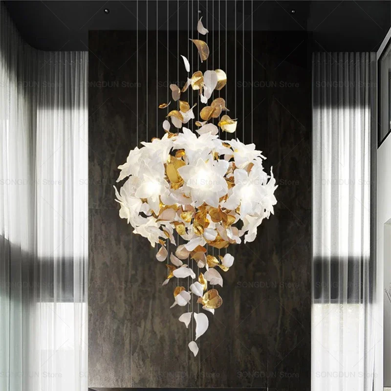 Luxury Flower Chandelier All copper Ceramic Ginkgo Leaf Villa Chandelier Pick High Empty Living room  Personality Pendant Light