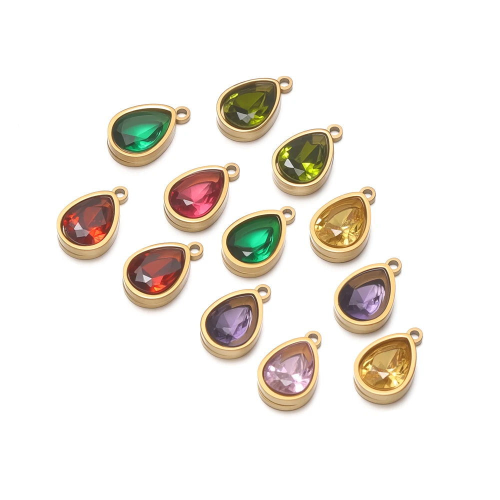 10Pcs Stainless Steel 12 Months Birthstone Pendants Zircon Necklace Charms for DIY Jewelry Bracelet Making Birthday Party Gifts