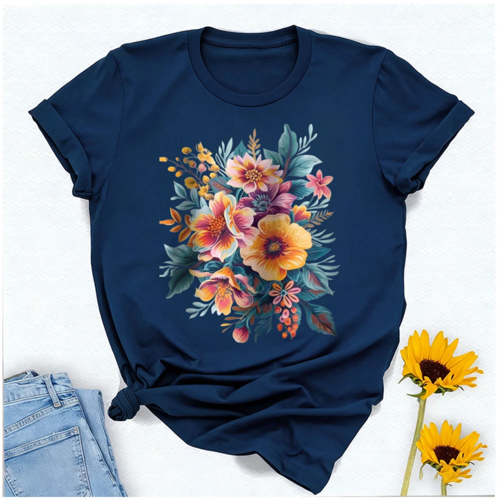 Floral Botanical T-Shirt Design Women's Colorful Flower Graphic Tee Spring Summer Fashion Top Casual Garden Wear Gift for Her