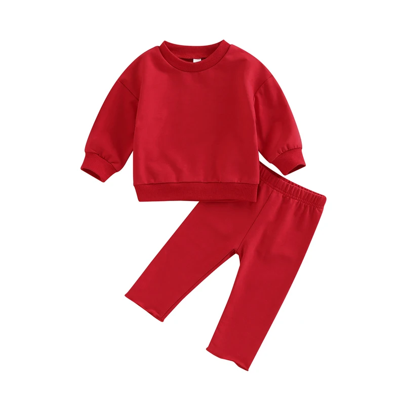 

2 Pieces Baby Suit Set Solid Color Round Neck Long Sleeve Pullover Long Casual Pants for Girls Boys 0-3 Years