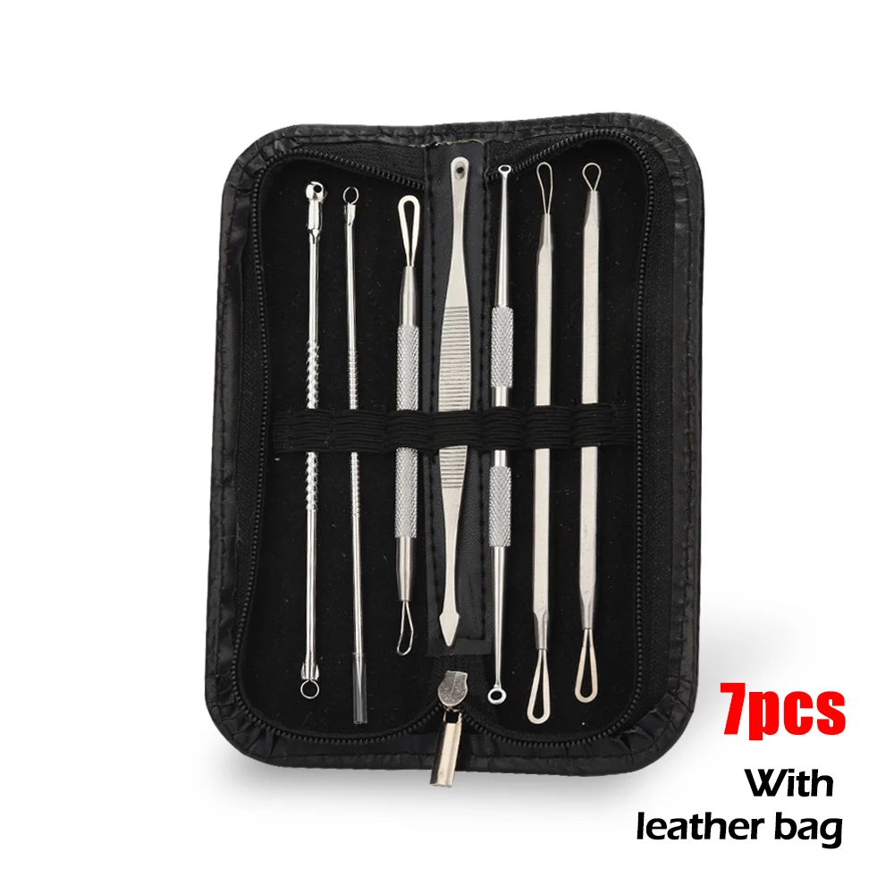 4/5/6/7/8Pcs Blackhead Remover Tool Kit Pimple Acne Clip Needle Face Care Blemish Blackhead Extractor Tool with Leather Case