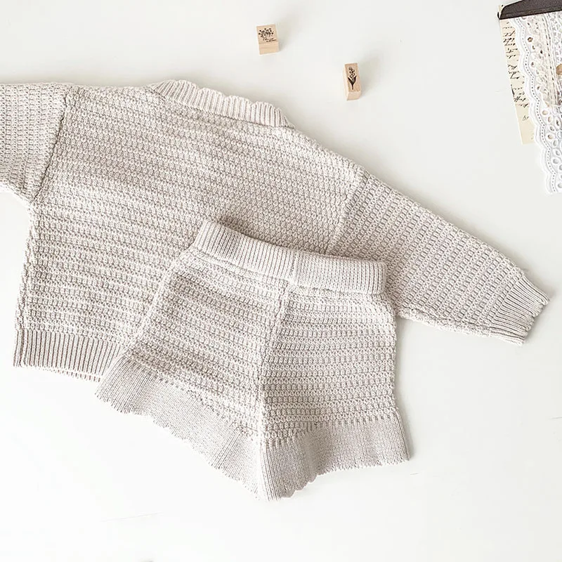 Autumn Spring Baby Girl Clothes Suit Long Sleeved Solid Color Knitted Cardigan Sweater+Shorts Kids Knitted Clothing Set