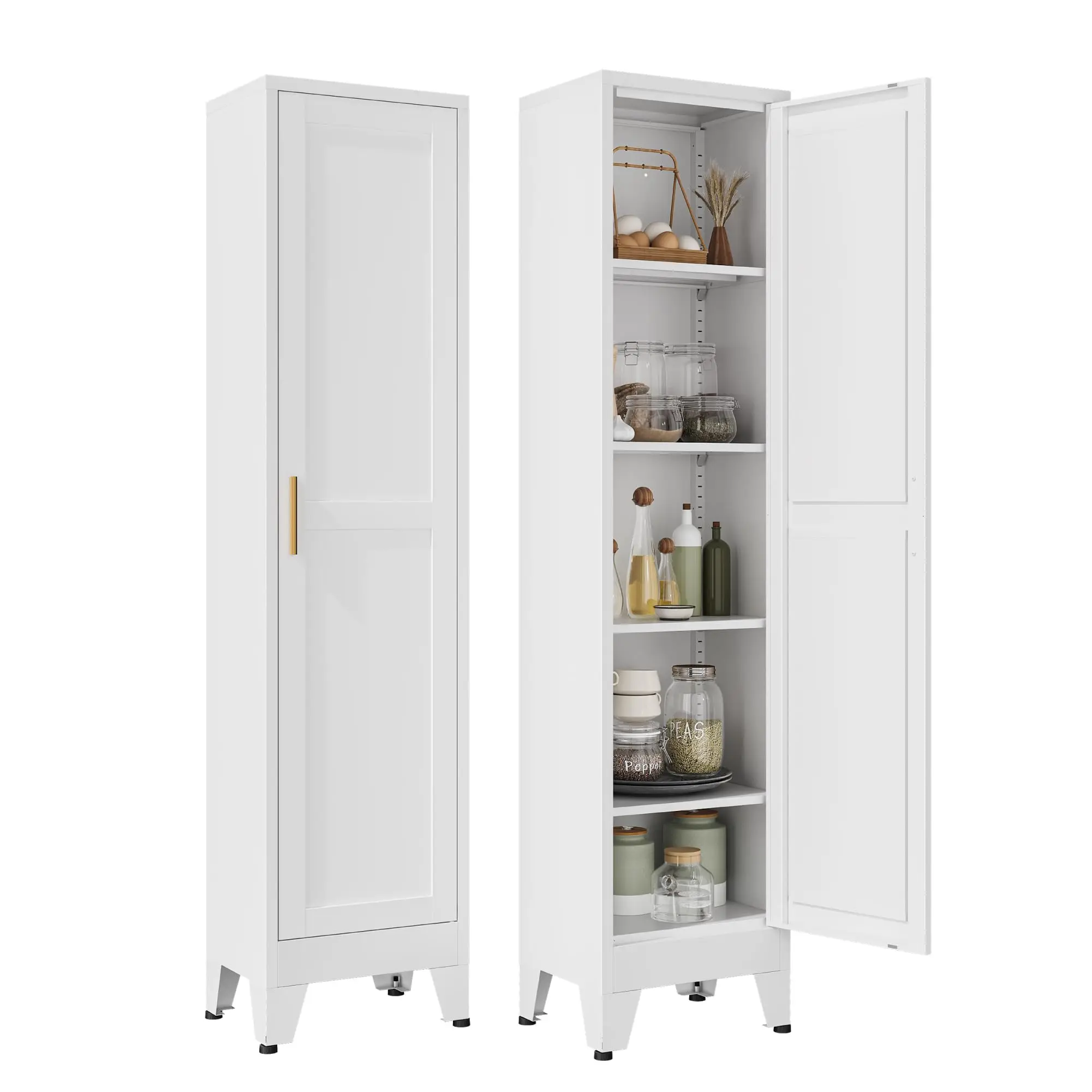 Narrow Metal Storage Cabinet, Tall Freestanding Cabinet with 4 Adjustable Shelves & Barn Doors, Pantry Organizer for Bathroom