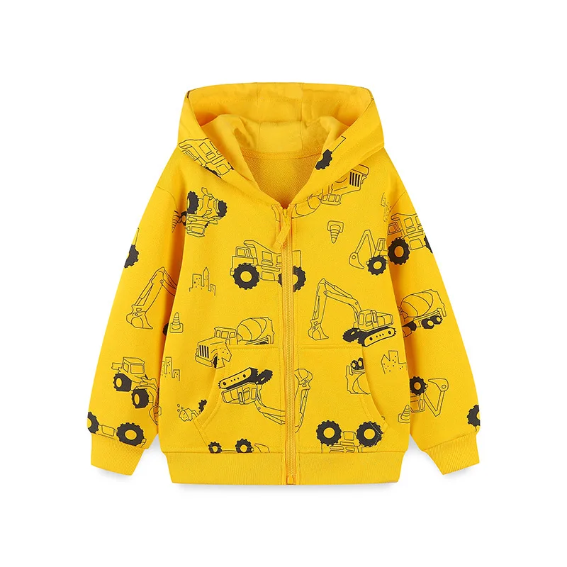 Toddler Boys Zip Hooded Jacket Spring Autumn Cartoon Construction Excavator Truck Print Kids Casual Pocket Outerwear Coat