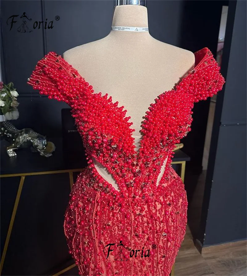 Modestos vestidos de novia rojos con cuentas de perlas completas, corte sirena, cuello en V, vestidos de fiesta de celebridades, vestidos de novia 2024