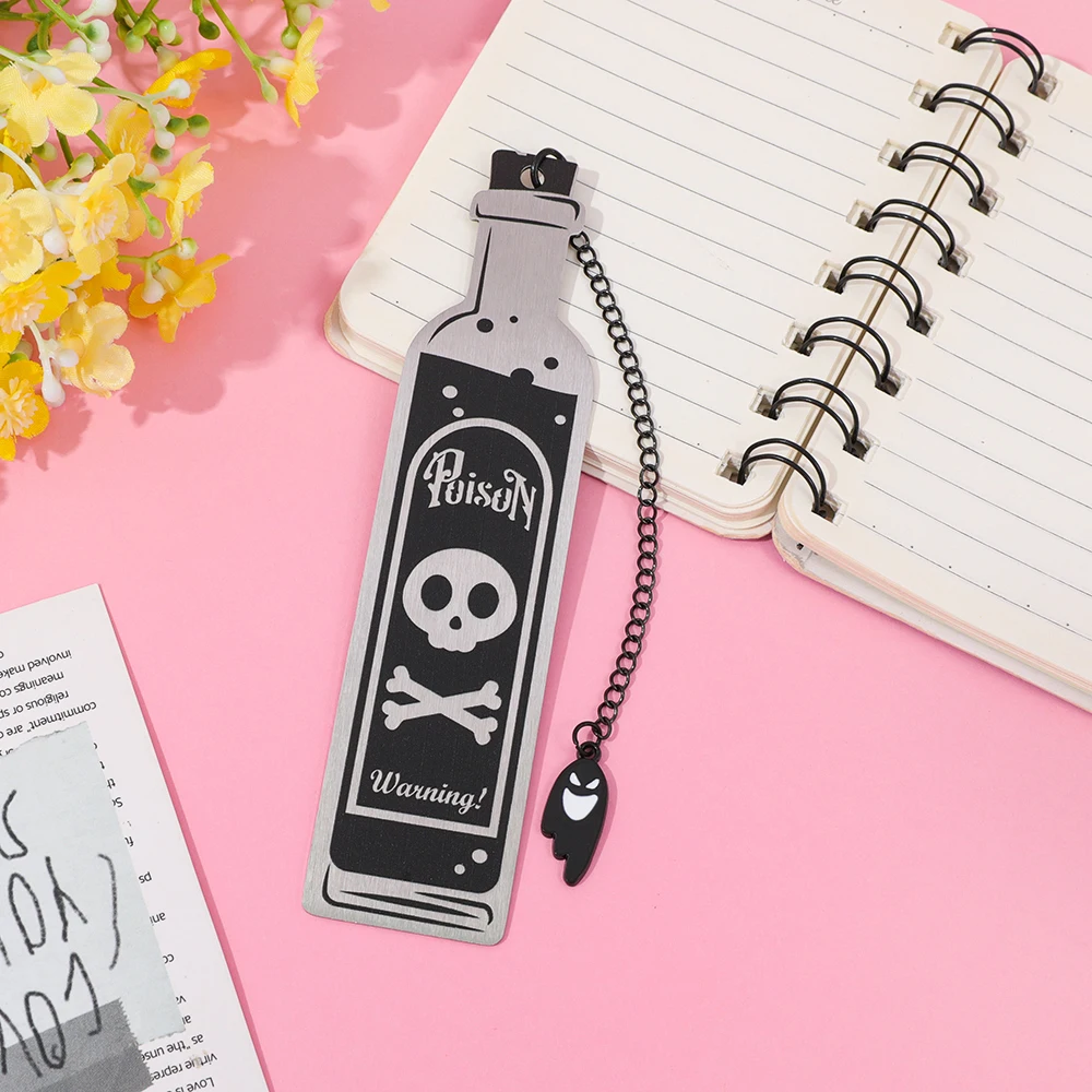 Halloween Skeleton Bottle Metal Bookmark with Ghost Pendant | Gothic Dark Style Book Marker for Book Lovers Gift