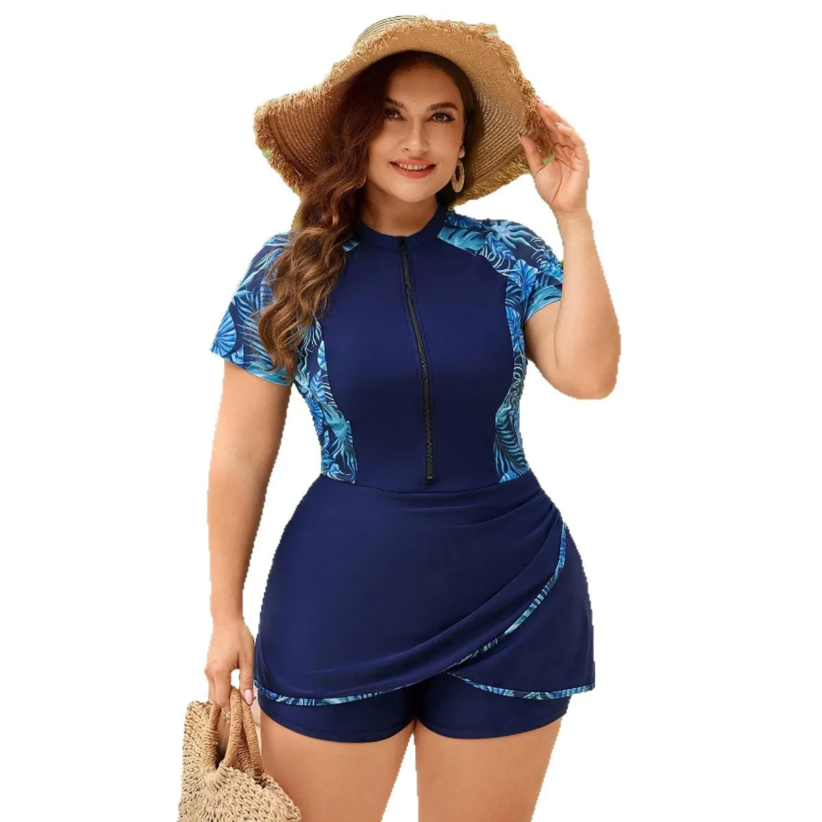 2026 new plus size swimsuit women's split short sleeved zipper plus size Tankini swimsuit
