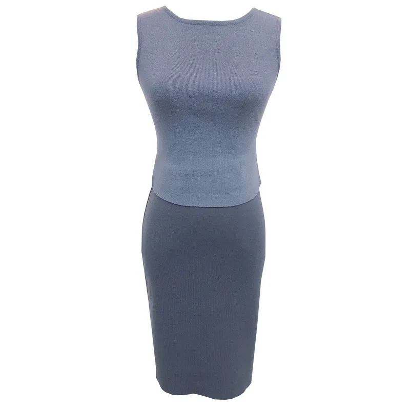 7604 14 Igłowy szew okrągłego dekoltu, bez rękawów, ukrywający bok piersi, regularne ramiączka, nieregularny top na ramiączkach + elastyczna spódnica z rozcięciem i elastyczną talią