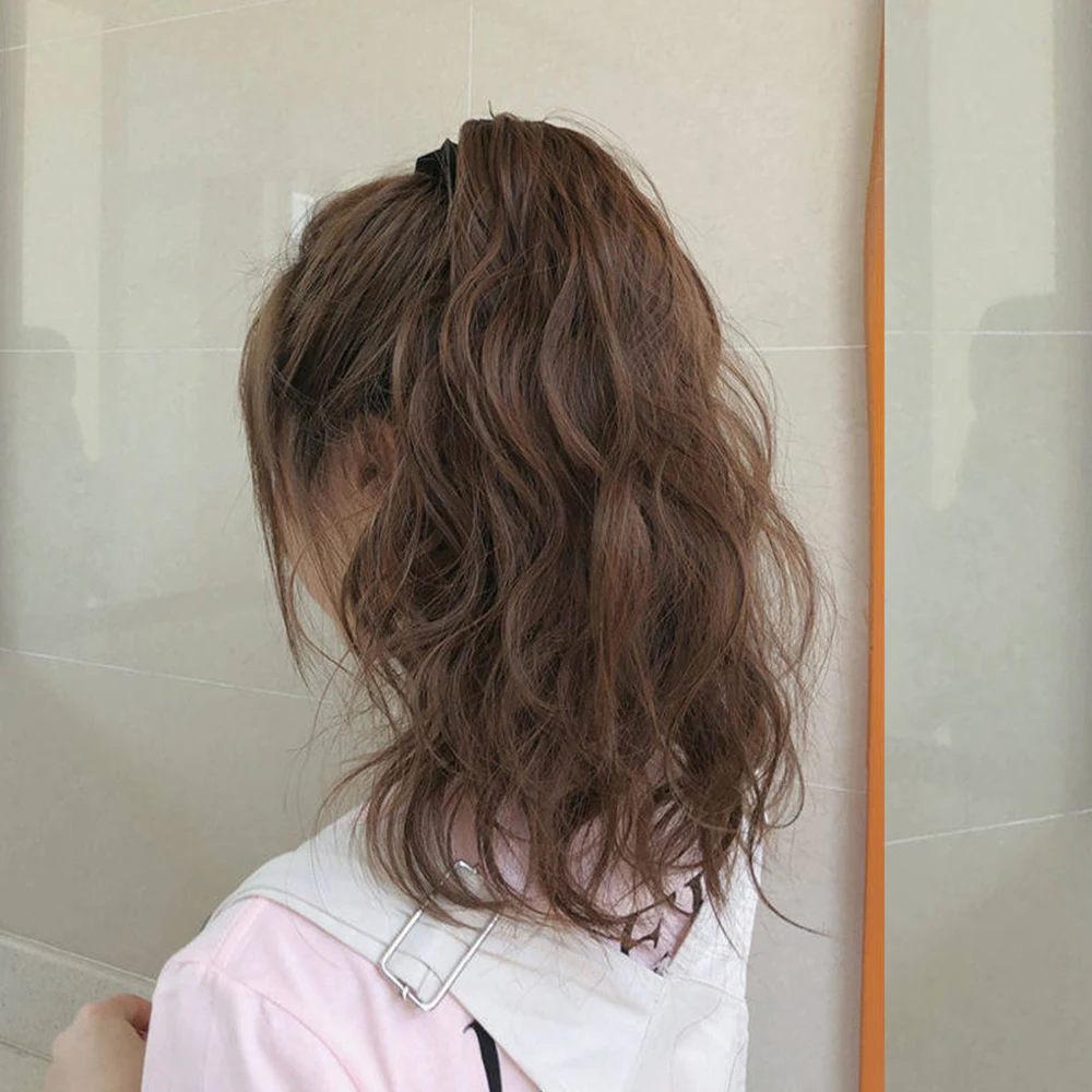 14Inch Synthetic Short Curly Ponytail Drawstring Around Clip in Ponytail Black Brown Hairpiece for Women