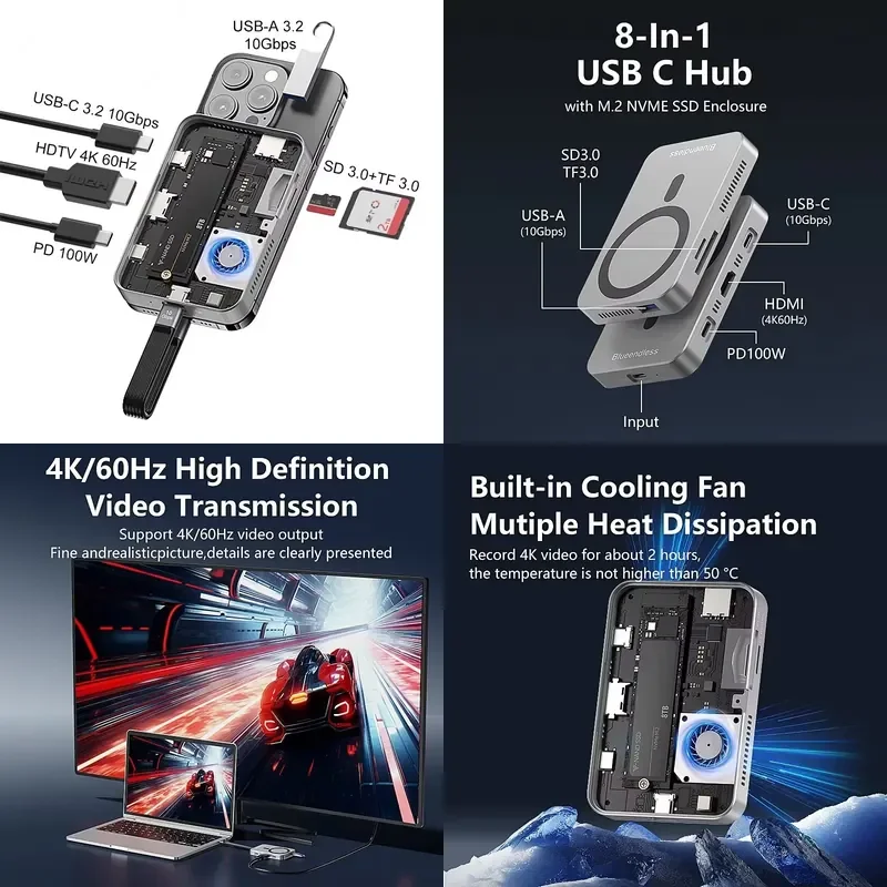 AP01 10Gbps Magnetic Docking Station M.2 NVME SSD Enclosure USB C Hub 8 in 1 Support 4K60Hz ProRes HD Video for 17 16