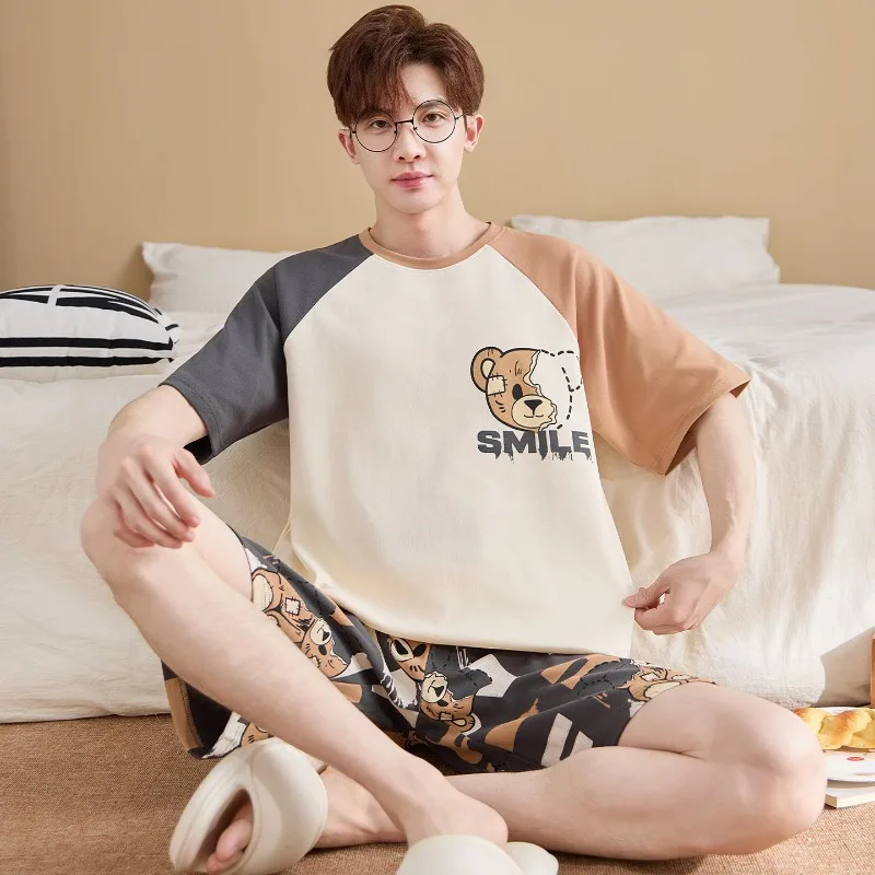 Men's Summer Cotton Short Sleeve Teen Men's Cotton Summer Thin Large Size Loungewear Set Printing Color Matching Pockets Pajamas