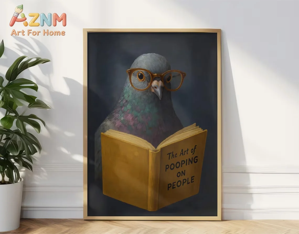 1pc frameless Canvas Painting Funny Pigeon Toilet Humor Wall Art Canvas Prints Reading & Pooping Wall Pictures for Bathroom Art