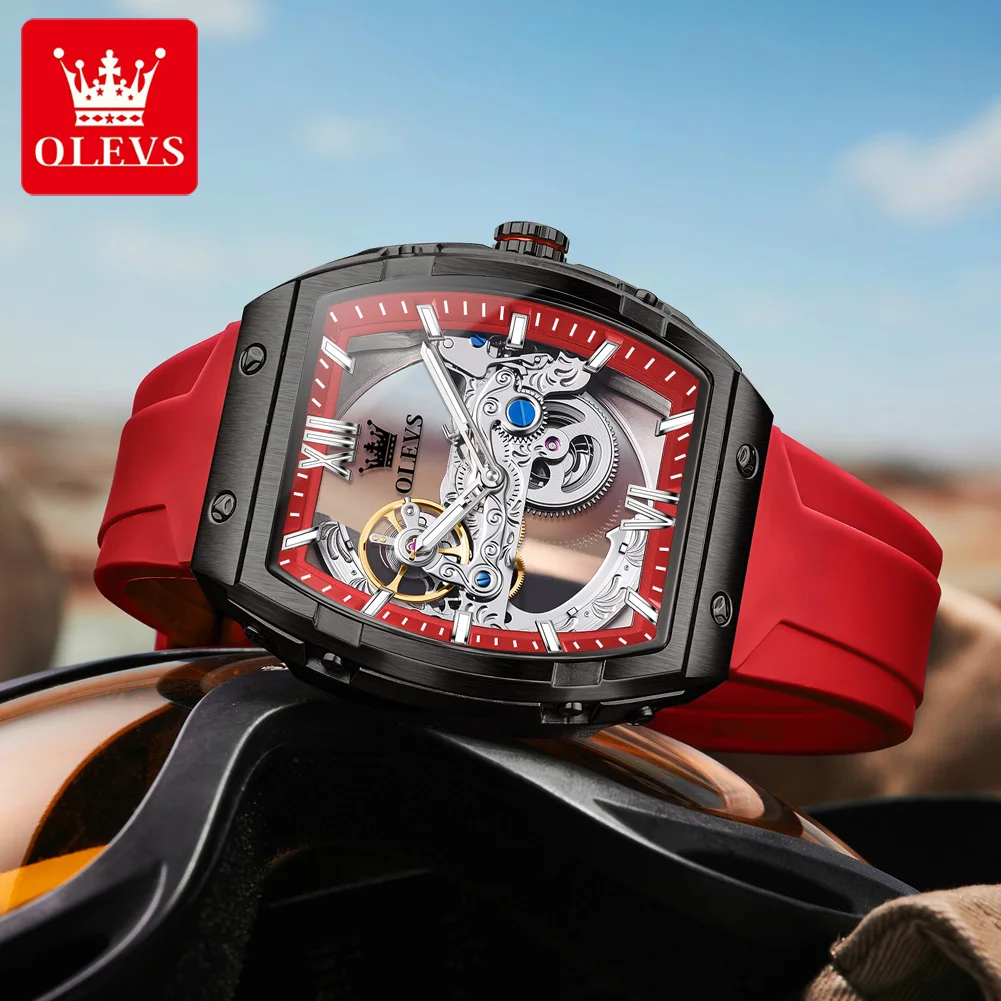 OLEVS New 6779 Men Watch Fashion Tonneau Hollow Men Mechanical Watch Waterproof Silicone Transparent Movement Men Automatic Watc