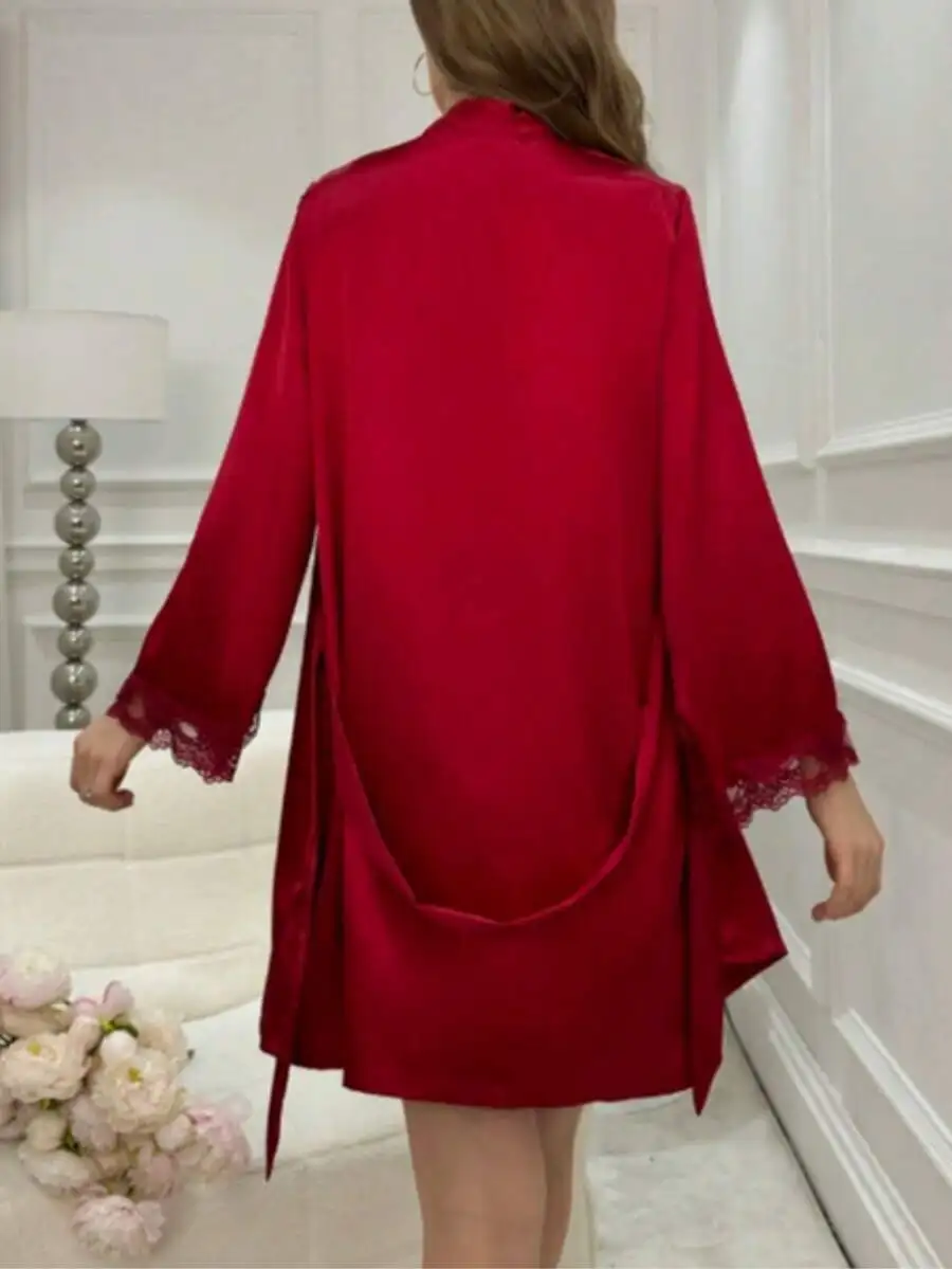 

Elegant Satin Robe With Lace Trim For Women Loungewear Set