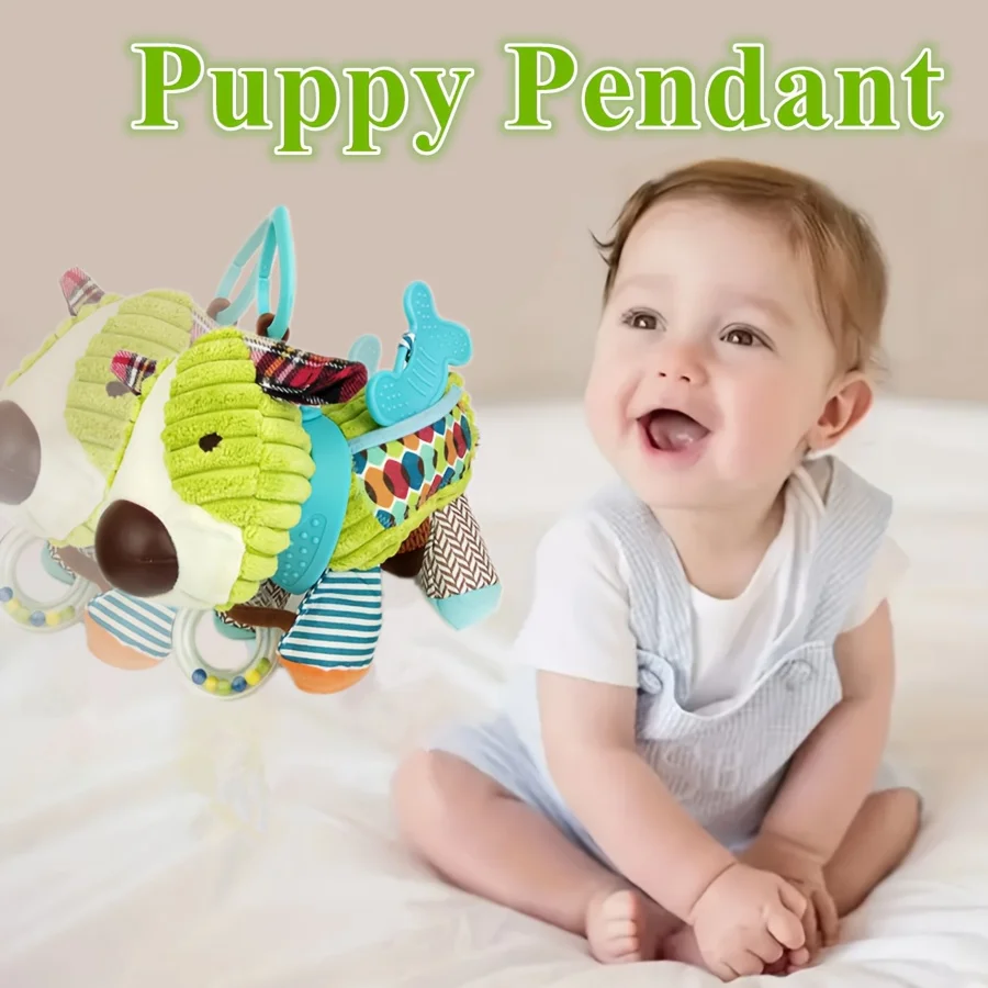 Poupée animale apaisante, chiot en peluche vert, poupée animale apaisante avec accessoires colorés en os et boule pour jeunes de 0 à 3 ans