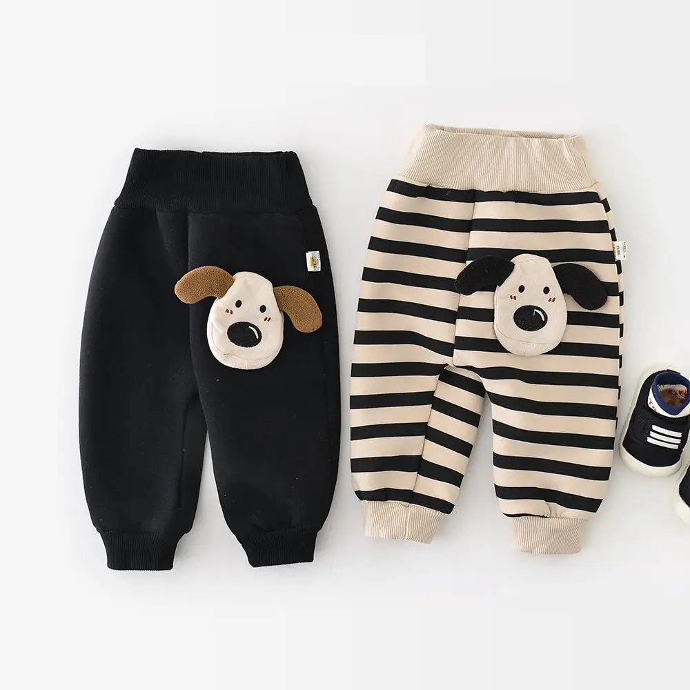 

2025 Winter New Baby Fleece Warm Pants Cotton Infant Boy Cute Dog Patch Trousers Plus Velvet Thick Toddler Girl Casual Pants