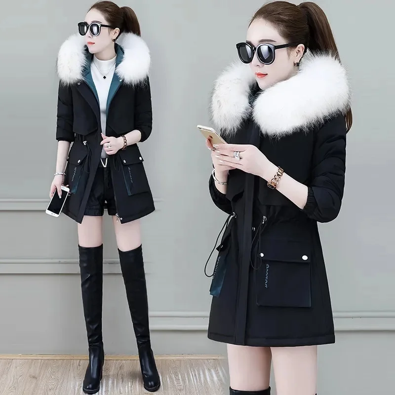 2024 New Fashion White black Winter Jacket Women Big Fur Hooded Thick Down Parkas Female Jacket Long Coat Slim Warm Winter Outwe