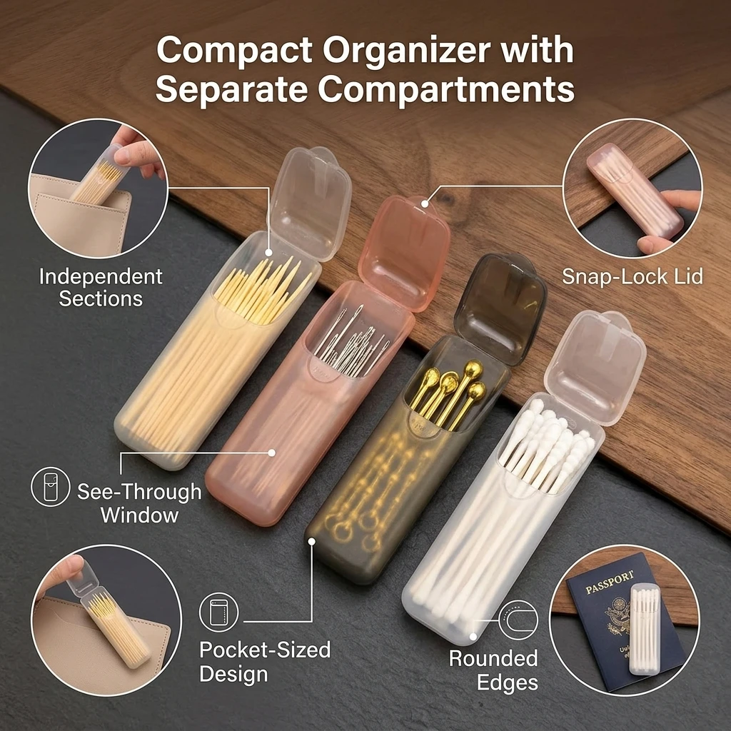 Mini Portable Storage Box For Dental Floss Medicine Sticks Ear Picks With Compartmentalized Design Transparent Window