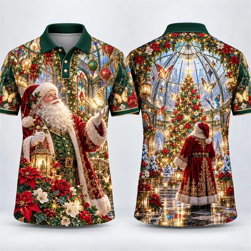 Mens Santa and Cat Christmas Polo Shirt Short Sleeve polo Tee Christmas Paw Snowflake Print Holiday Casual Tops For Men