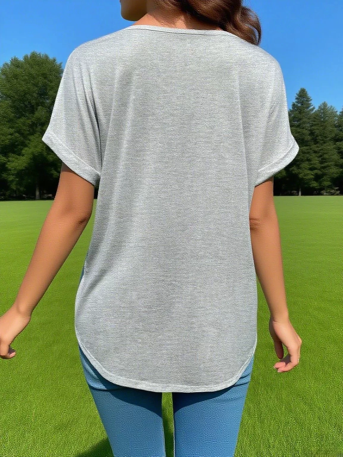 Women's Summer Casual V-neck T-shirt Solid Color Simple Design Short Sleeve Curled Edge Loose Fit for Comfortable Relaxation