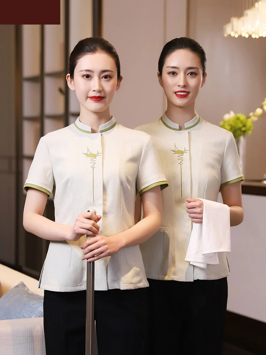 

2023 Women's Property Sales Department Hotel Cleaning Aunt Short Sleeve Shirt+Pants Set Cleaning Clothes Housekeeping Uniforms