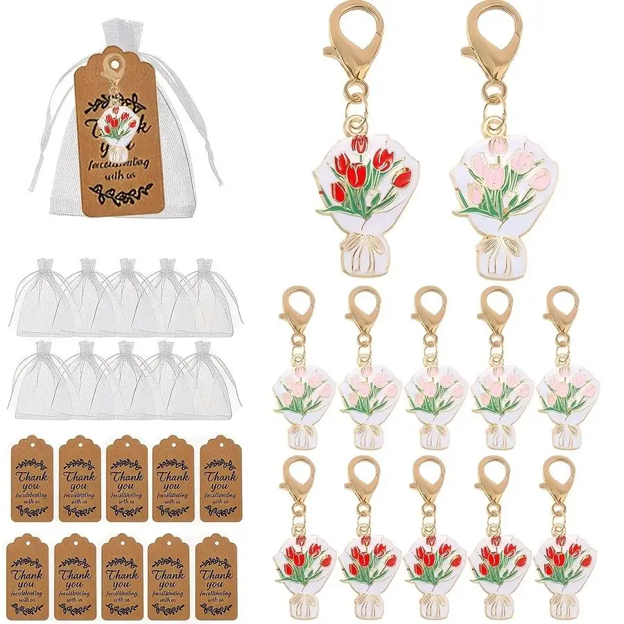 1/5/10/20/50/100pcs 10-pack Set of Red Flower Keychains - Bulk Pack - Thank You Gift Suitable for Women, Moms, Grandmas - Zinc A