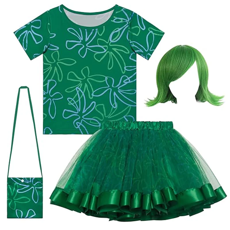 4〜7歳の女の子のための花柄のTシャツ,チュチュスカート,バッグとウィッグ,ハロウィーンとクリスマスのパーティー,楽しい漫画の衣装