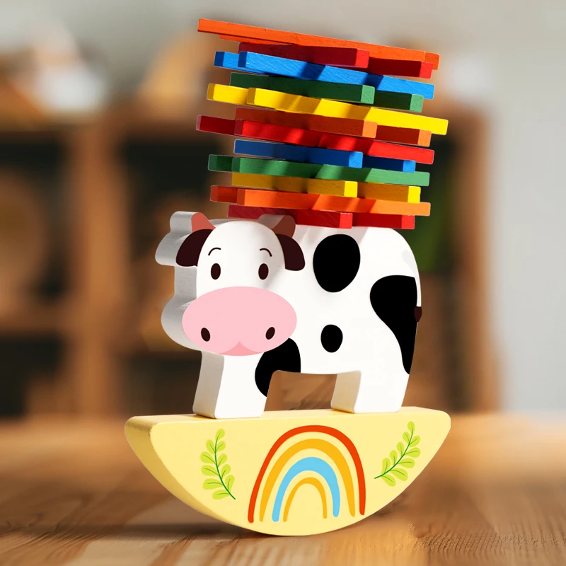 Gioco di blocchi impilabili per animali in legno Giocattolo di equilibrio impilabile per mucche Montessori Giocattoli educativi per l'addestramento motorio fine per bambini