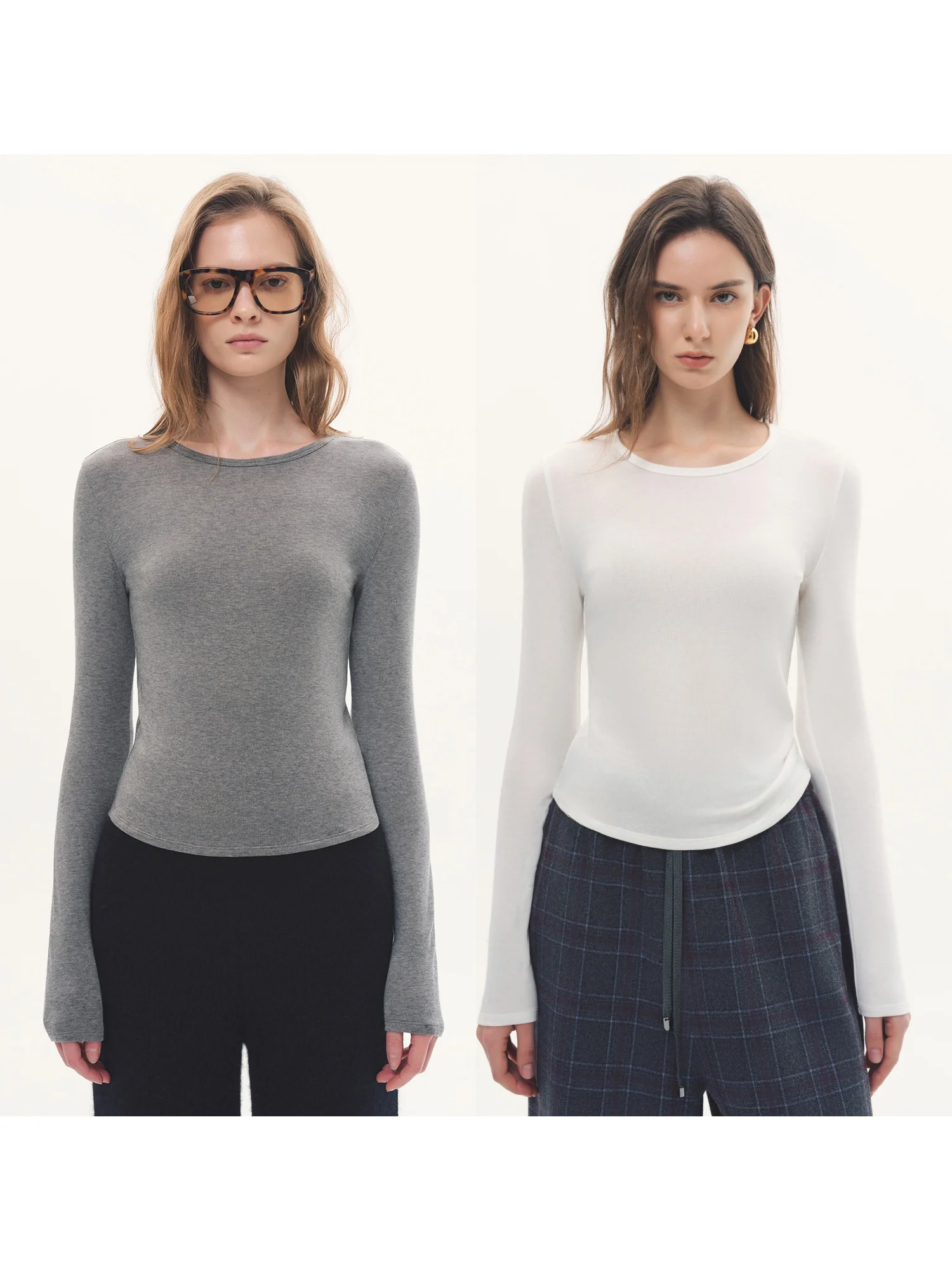 

DMON Simple round Ne Long Sve T-irt Elastic Prure Free Baby Mask B Sto Wool Blend Fabric Women's Faion