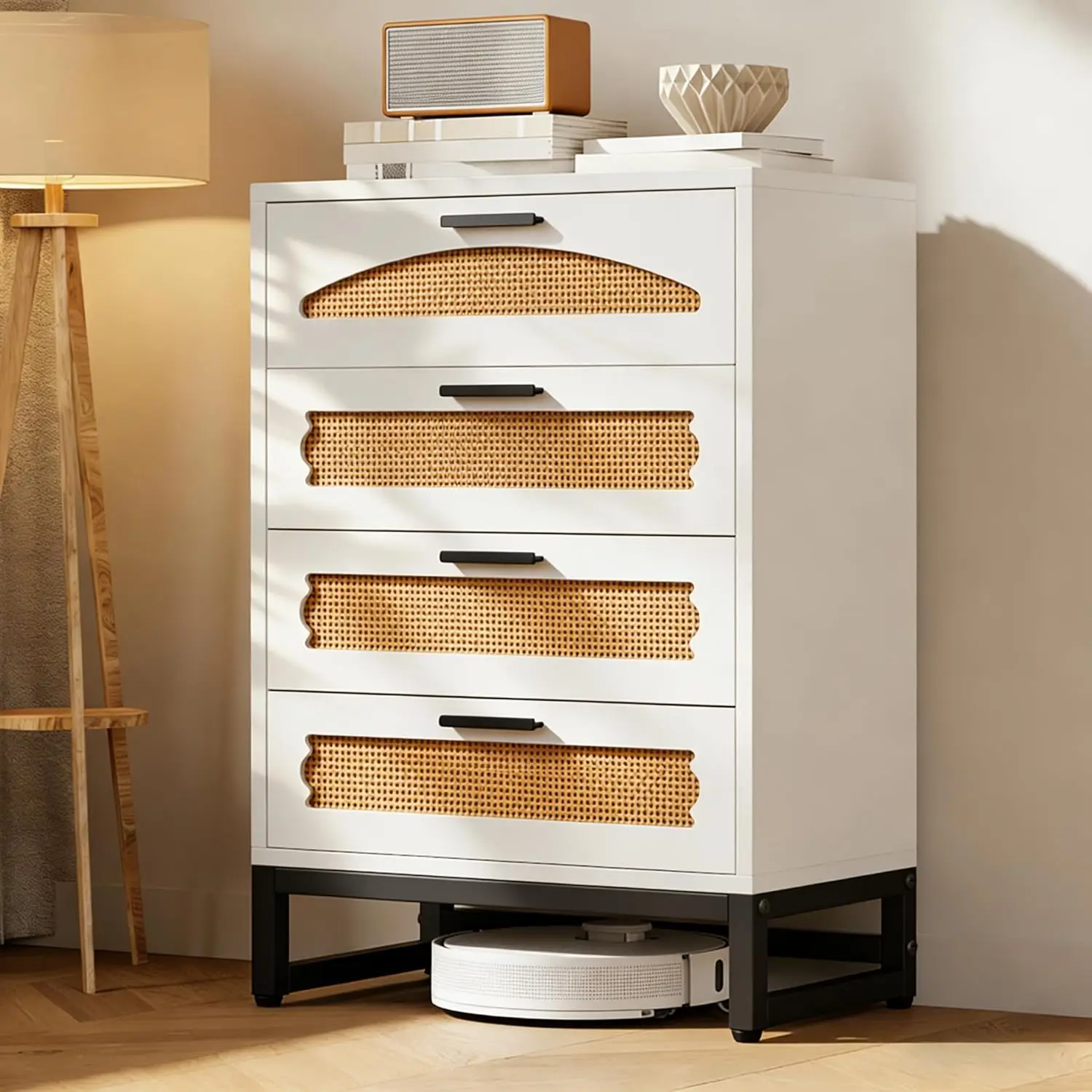 

4 Drawer Rattan Dresser for Bedroom, Wood Tall Dresser for Closet with Metal Handles, Boho Nightstand Sets, Dressers & Chests