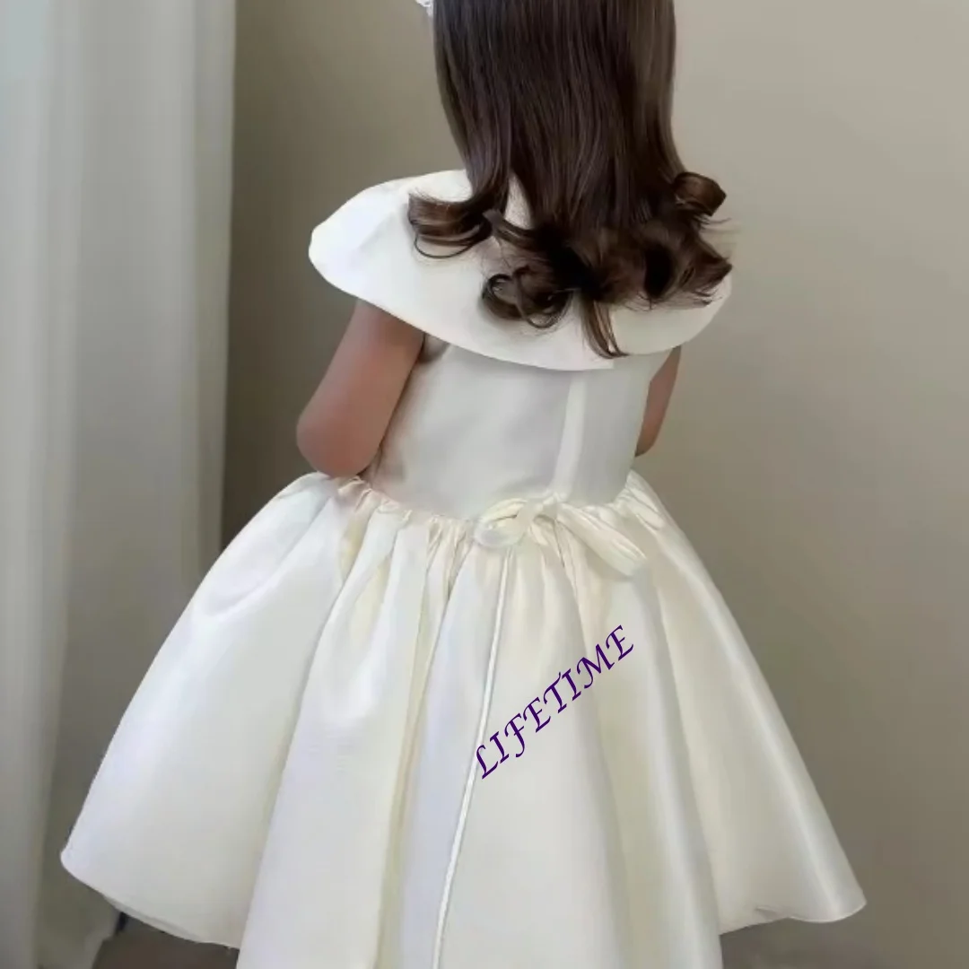 Customized Princess Satin Flower Girl Dress with Short Sleeves Knee-Length First Communion Ball Gown for Kids Birthday Party Wed