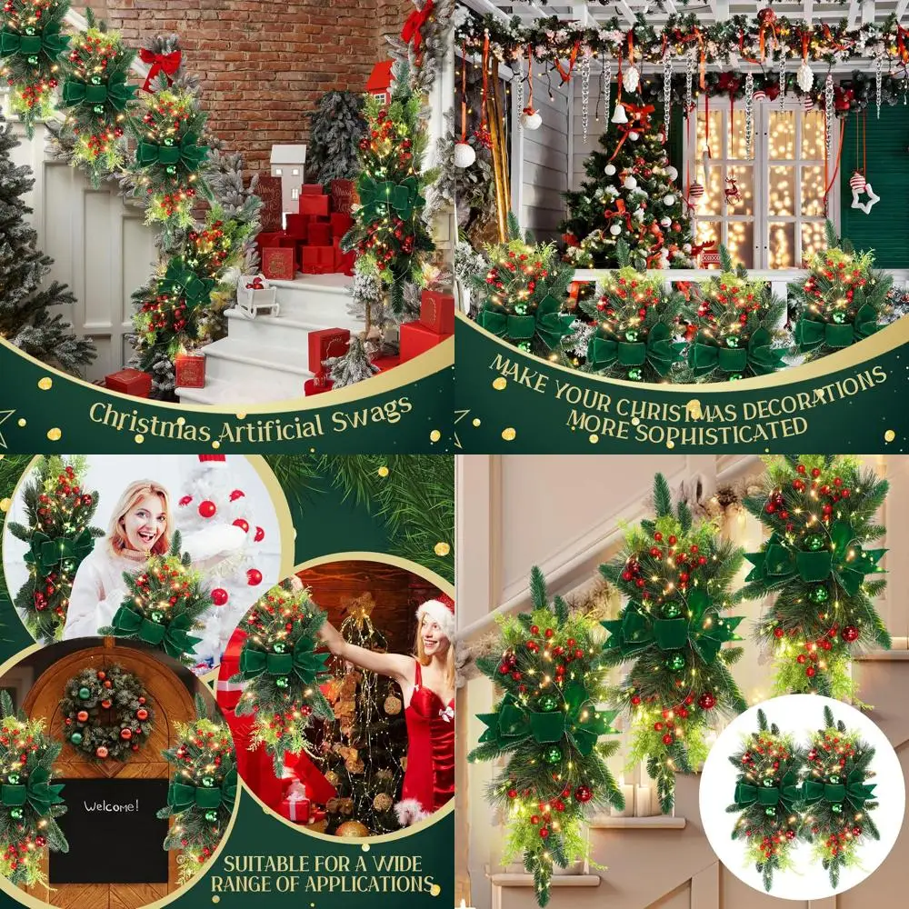 

24 беспроводных рождественских капли с предварительной подсветкой и отделкой в виде капли, венок и дверная гирлянда для наружного и домашнего декора (зеленая лента)